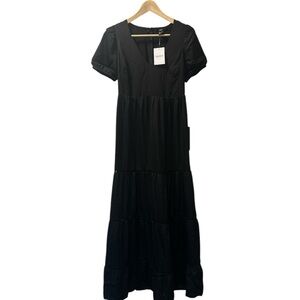 Boho Style Black Maxi Dress with Puff Sleeves~ NWT~ Size S